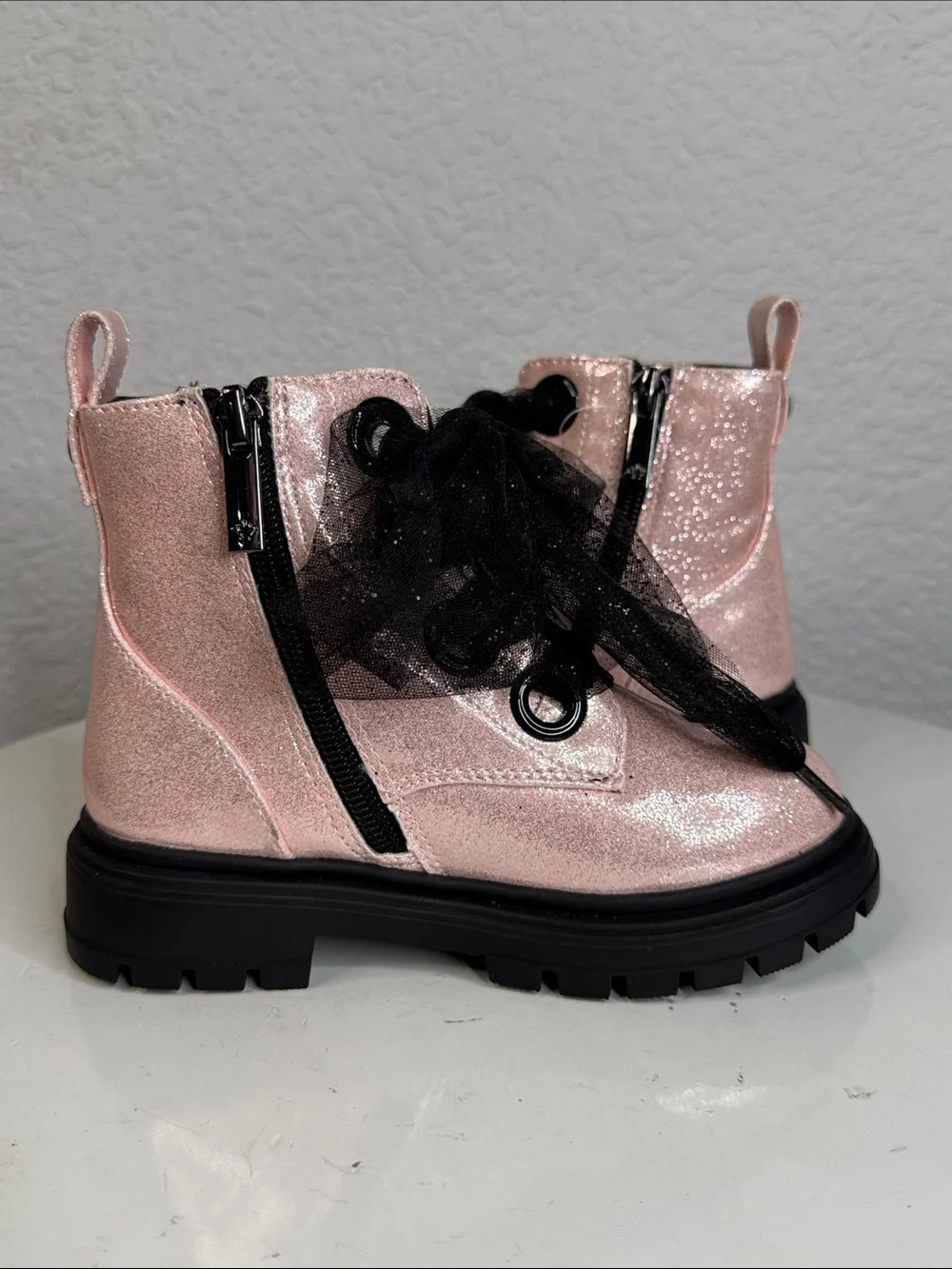 NINA CHASSY LIGHT PINK SHIMMER GLITTER COMBAT BOOTS BLACK TULLE LACES SIZE 10